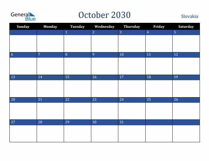 October 2030 Slovakia Calendar (Sunday Start)