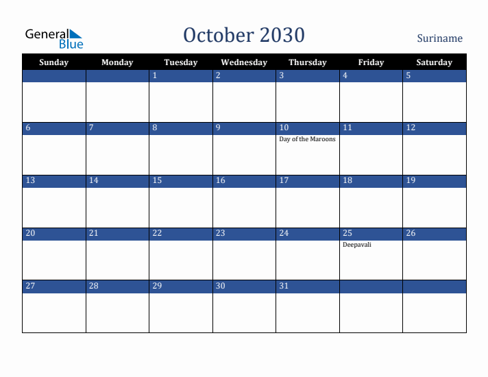 October 2030 Suriname Calendar (Sunday Start)