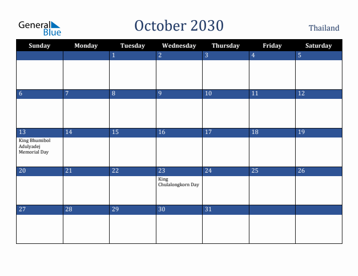 October 2030 Thailand Calendar (Sunday Start)