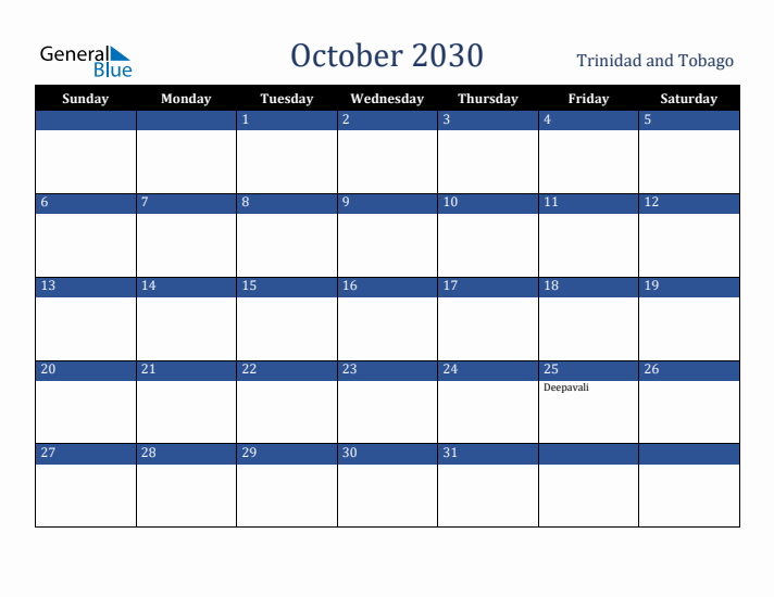 October 2030 Trinidad and Tobago Calendar (Sunday Start)