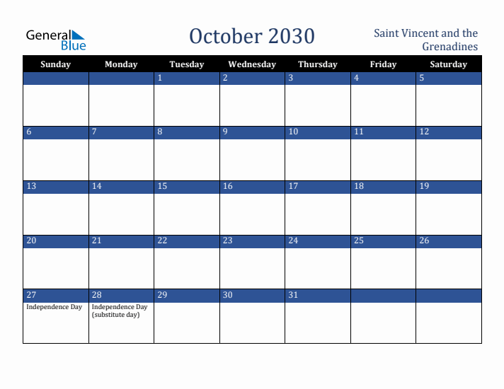 October 2030 Saint Vincent and the Grenadines Calendar (Sunday Start)