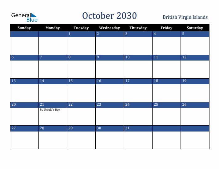 October 2030 British Virgin Islands Calendar (Sunday Start)