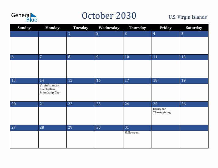 October 2030 U.S. Virgin Islands Calendar (Sunday Start)