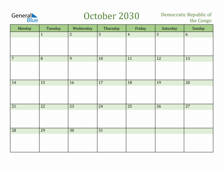 October 2030 Calendar with Democratic Republic of the Congo Holidays