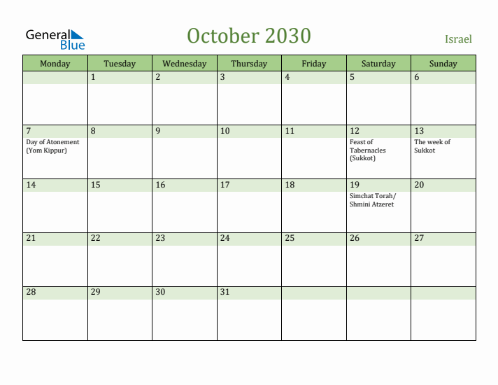October 2030 Calendar with Israel Holidays