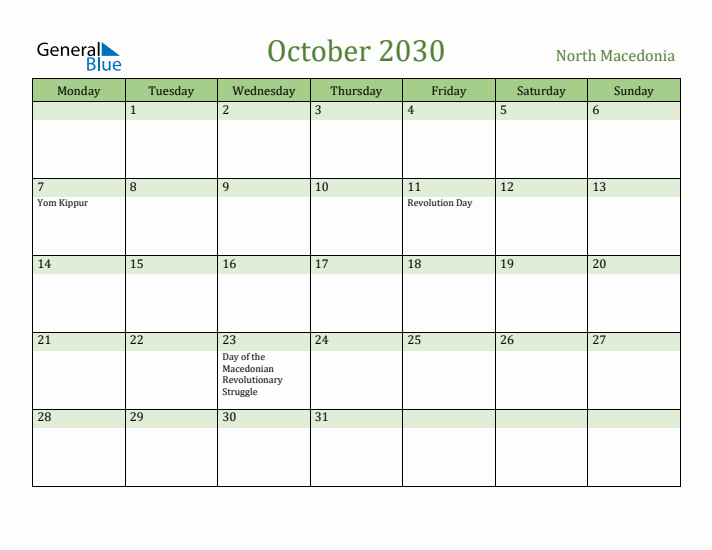October 2030 Calendar with North Macedonia Holidays