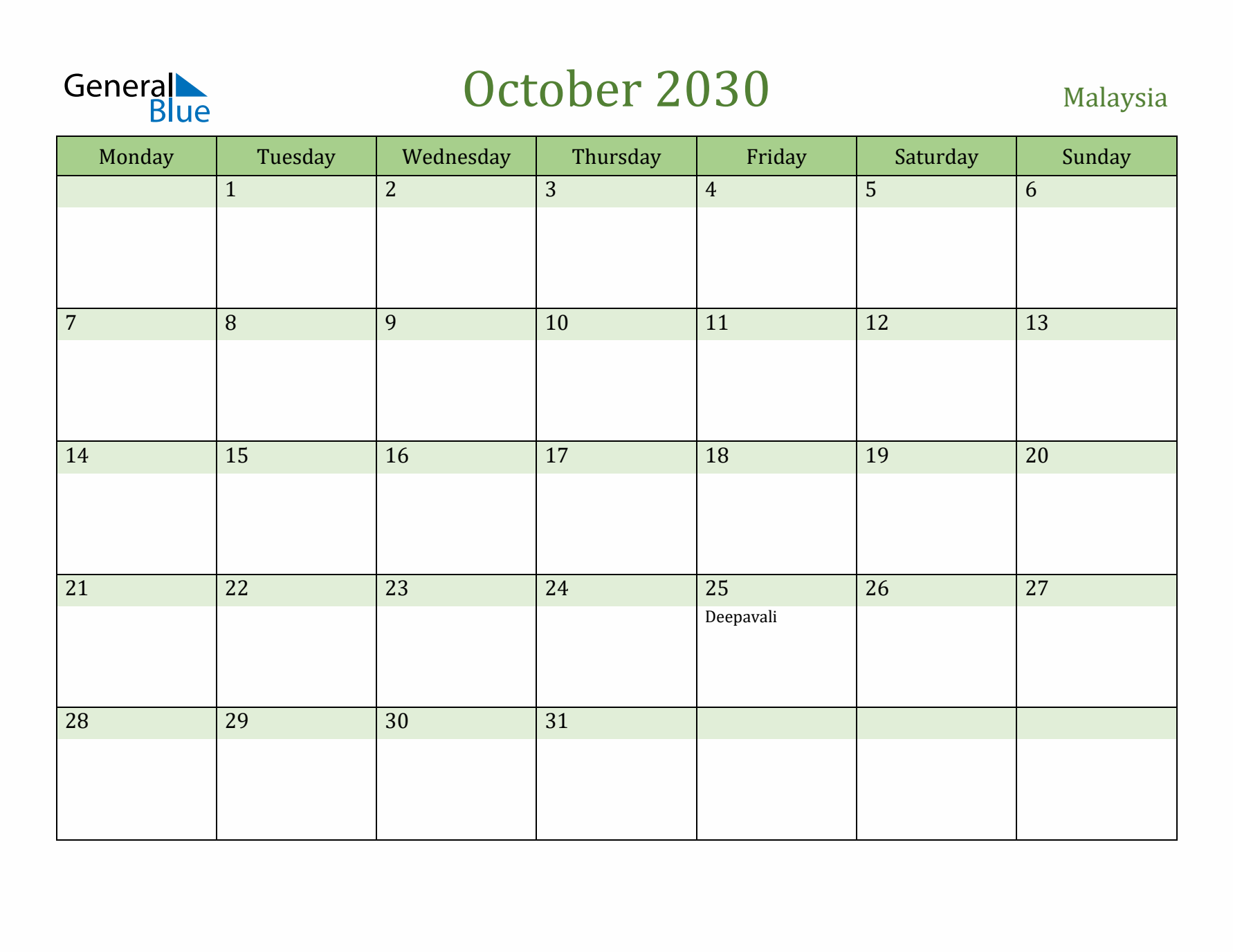 October 2030 Calendar with Malaysia Holidays