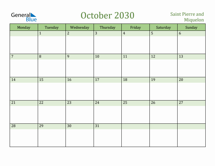 October 2030 Calendar with Saint Pierre and Miquelon Holidays