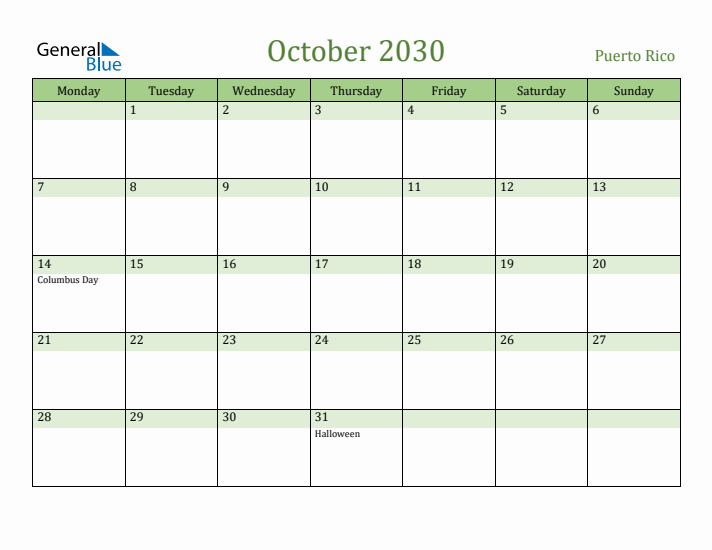 October 2030 Calendar with Puerto Rico Holidays