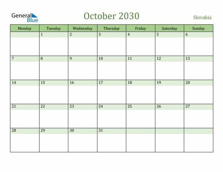 October 2030 Calendar with Slovakia Holidays