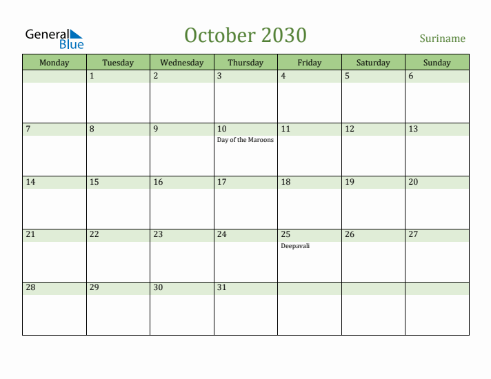 October 2030 Calendar with Suriname Holidays