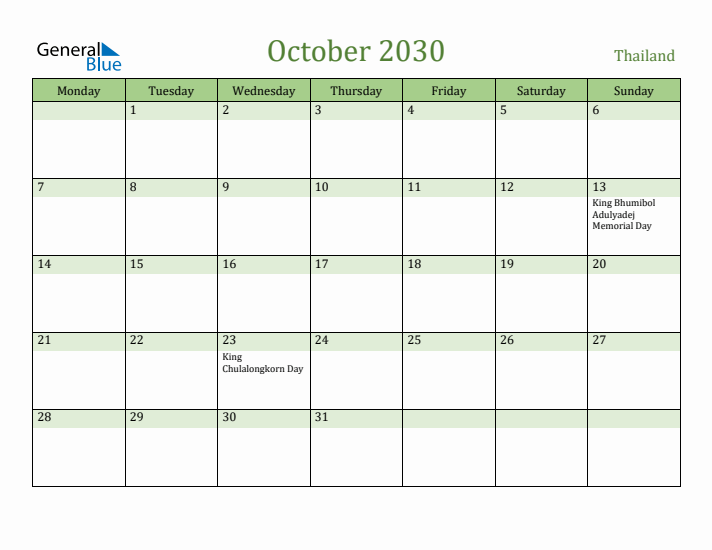 October 2030 Calendar with Thailand Holidays