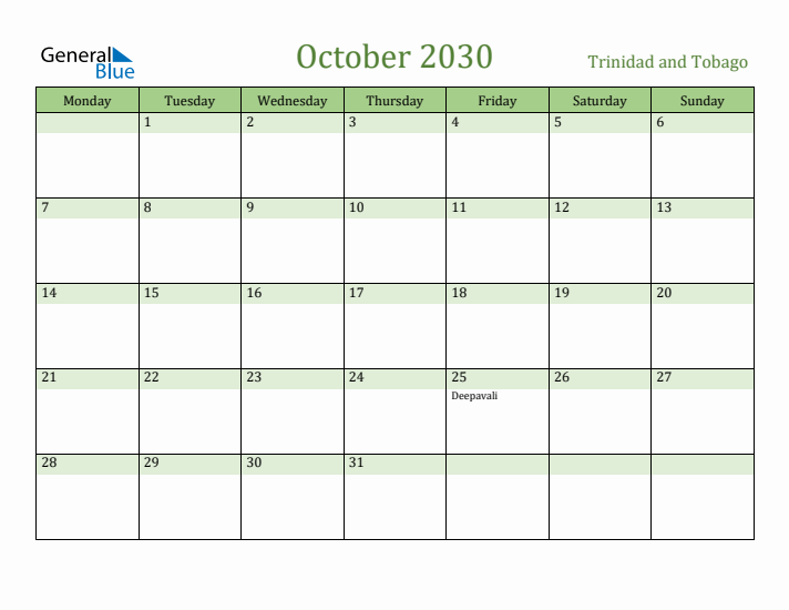 October 2030 Calendar with Trinidad and Tobago Holidays