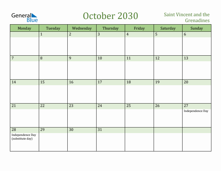 October 2030 Calendar with Saint Vincent and the Grenadines Holidays