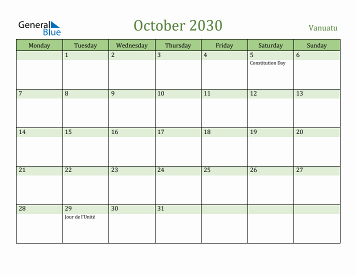 October 2030 Calendar with Vanuatu Holidays