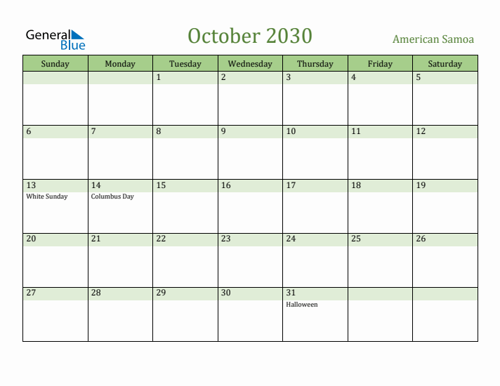 October 2030 Calendar with American Samoa Holidays