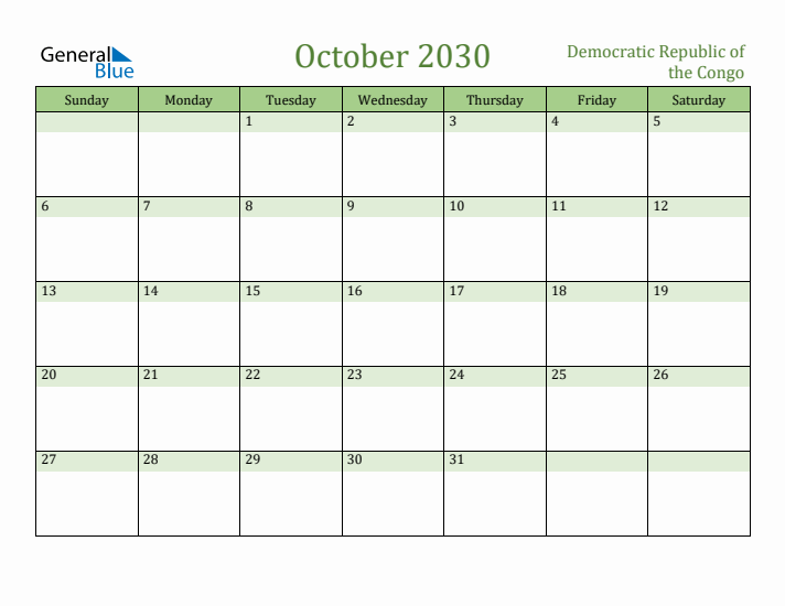 October 2030 Calendar with Democratic Republic of the Congo Holidays