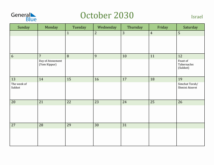 October 2030 Calendar with Israel Holidays