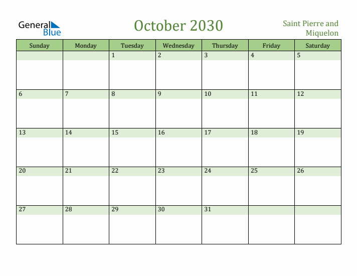 October 2030 Calendar with Saint Pierre and Miquelon Holidays