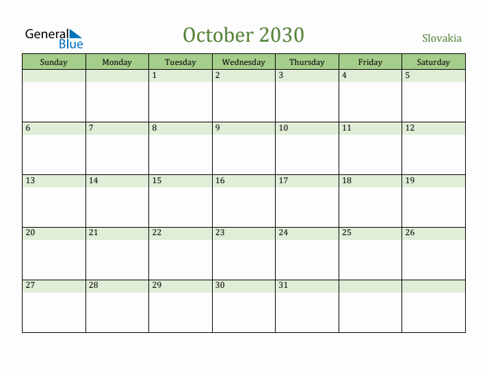 October 2030 Calendar with Slovakia Holidays