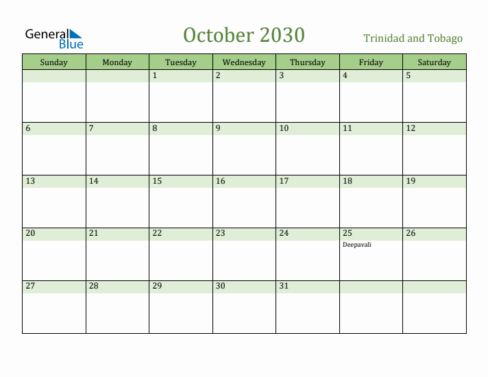 October 2030 Calendar with Trinidad and Tobago Holidays
