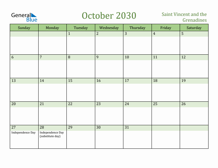 October 2030 Calendar with Saint Vincent and the Grenadines Holidays