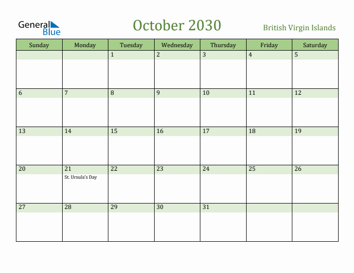 October 2030 Calendar with British Virgin Islands Holidays