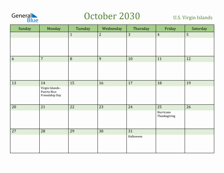 October 2030 Calendar with U.S. Virgin Islands Holidays
