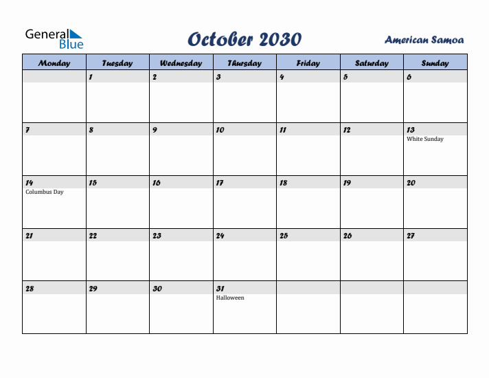 October 2030 Calendar with Holidays in American Samoa