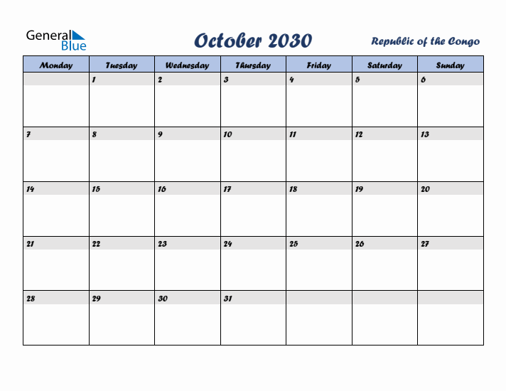 October 2030 Calendar with Holidays in Republic of the Congo