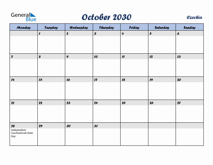 October 2030 Calendar with Holidays in Czechia