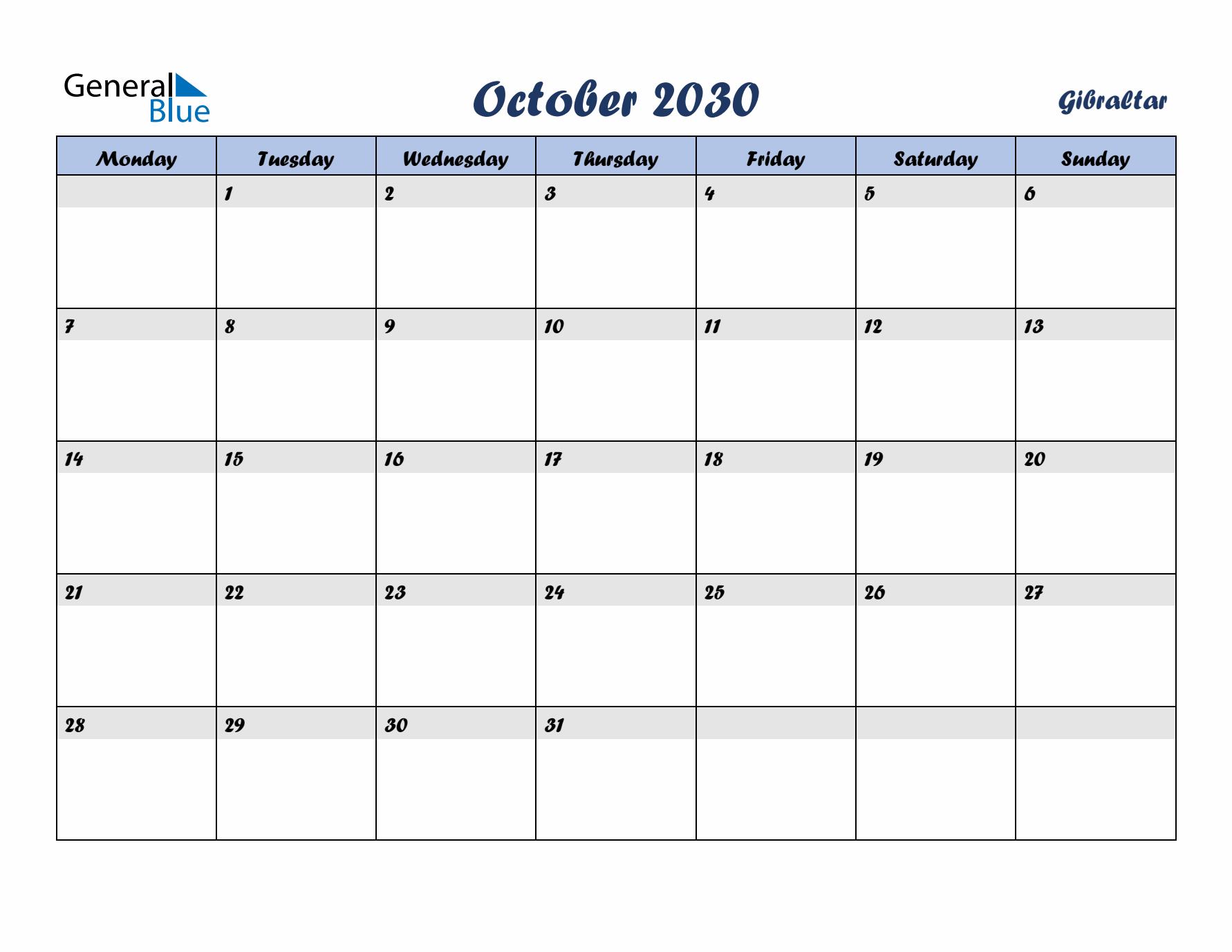 October 2030 Calendar with Holidays in Gibraltar