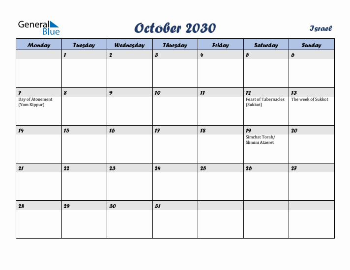 October 2030 Calendar with Holidays in Israel