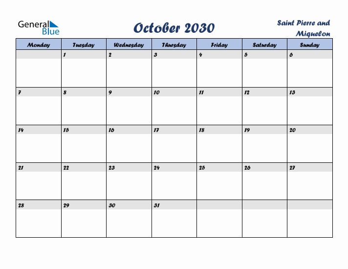October 2030 Calendar with Holidays in Saint Pierre and Miquelon