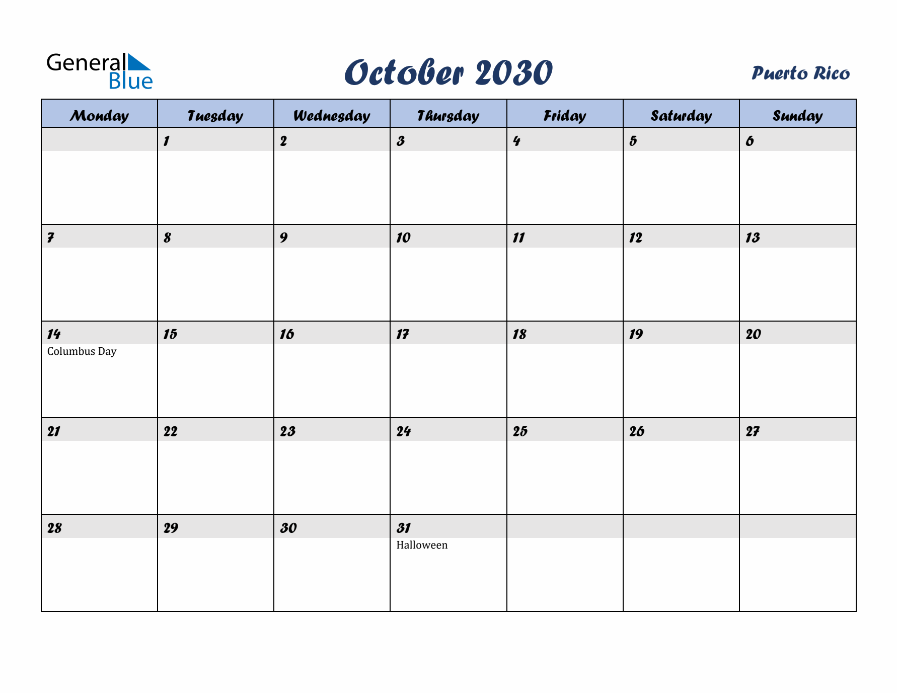 October 2030 Calendar with Holidays in Puerto Rico
