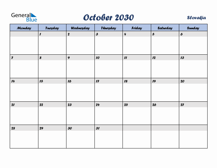 October 2030 Calendar with Holidays in Slovakia