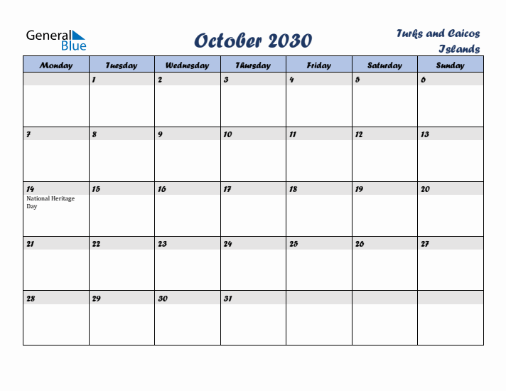 October 2030 Calendar with Holidays in Turks and Caicos Islands