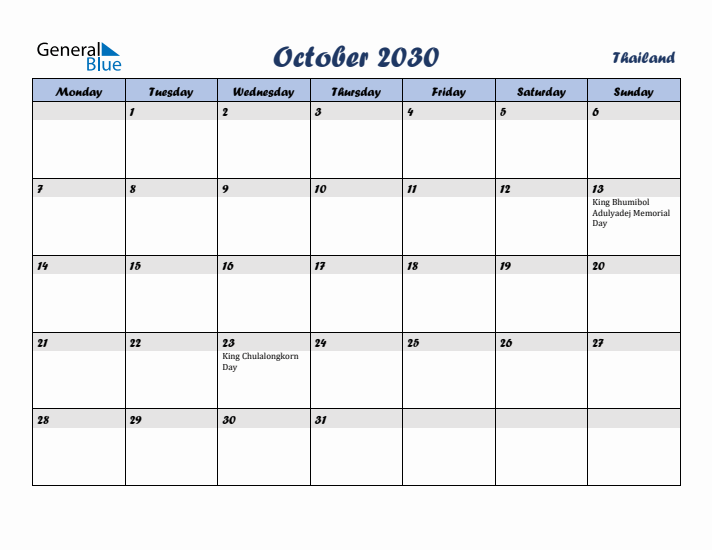 October 2030 Calendar with Holidays in Thailand