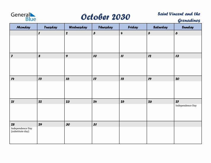 October 2030 Calendar with Holidays in Saint Vincent and the Grenadines