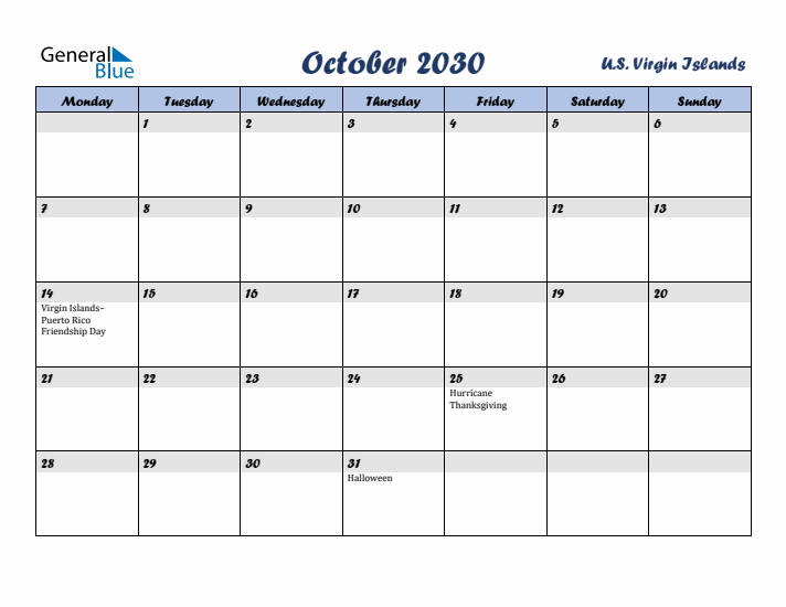 October 2030 Calendar with Holidays in U.S. Virgin Islands