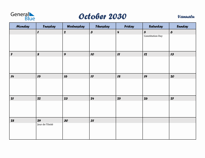 October 2030 Calendar with Holidays in Vanuatu