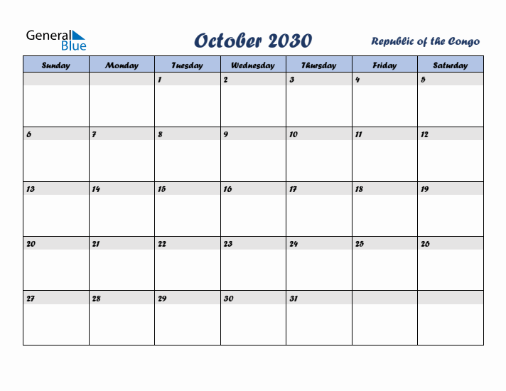 October 2030 Calendar with Holidays in Republic of the Congo