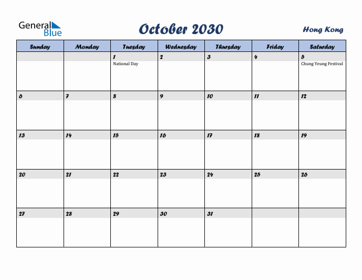 October 2030 Calendar with Holidays in Hong Kong