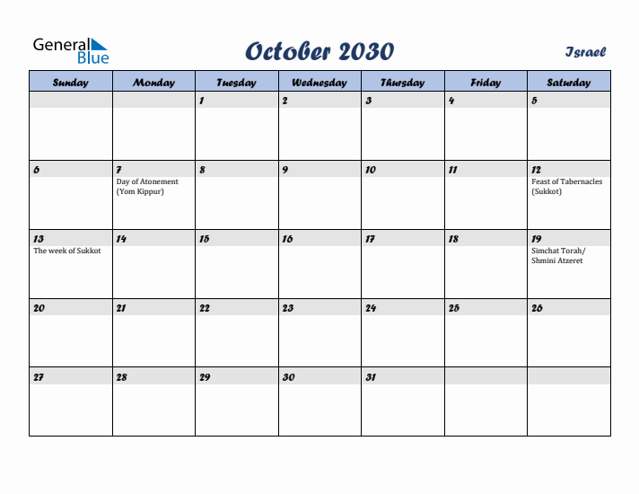 October 2030 Calendar with Holidays in Israel