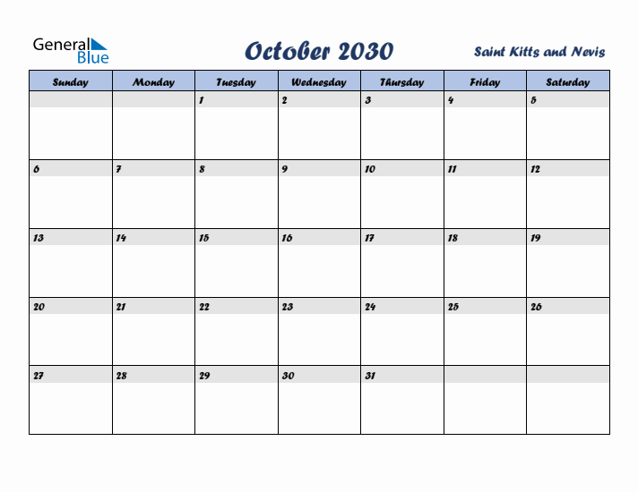 October 2030 Calendar with Holidays in Saint Kitts and Nevis