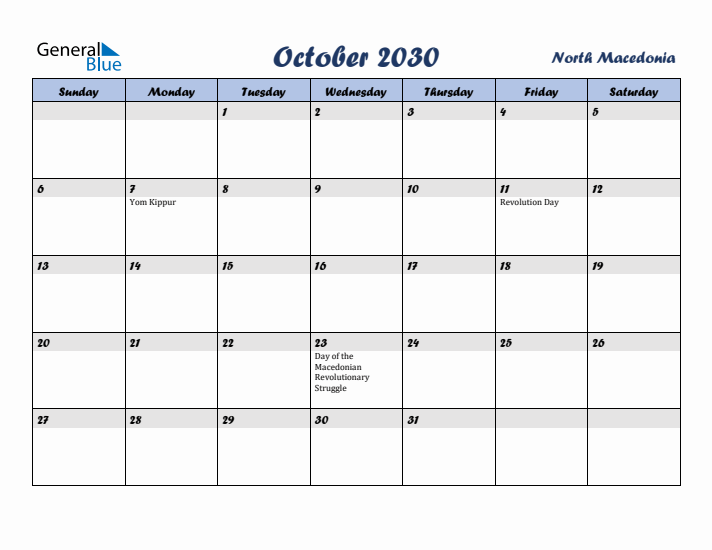 October 2030 Calendar with Holidays in North Macedonia