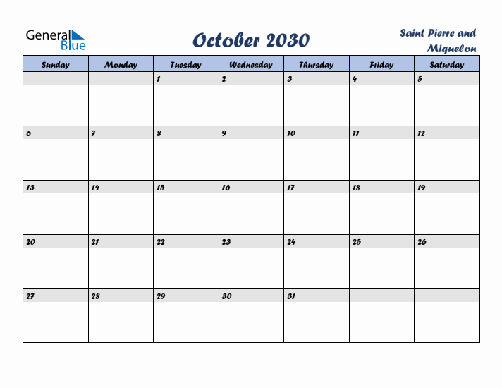 October 2030 Calendar with Holidays in Saint Pierre and Miquelon