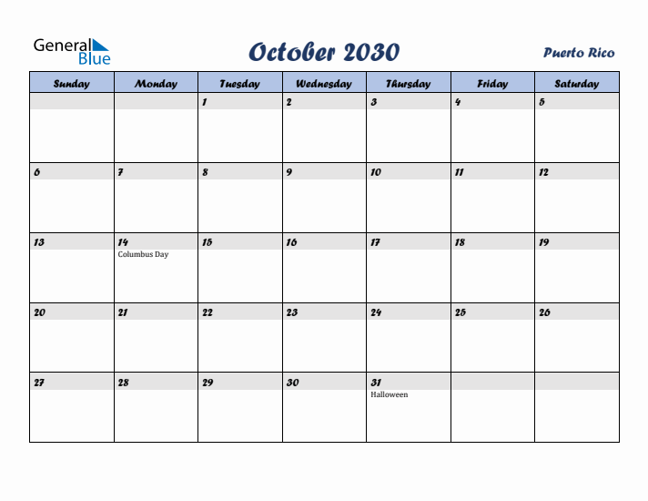October 2030 Calendar with Holidays in Puerto Rico