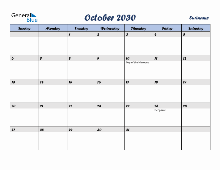 October 2030 Calendar with Holidays in Suriname