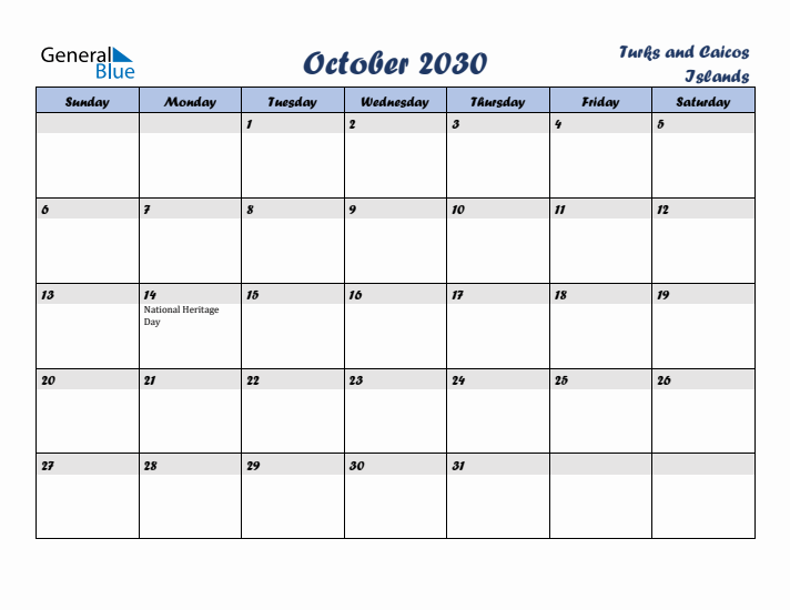 October 2030 Calendar with Holidays in Turks and Caicos Islands